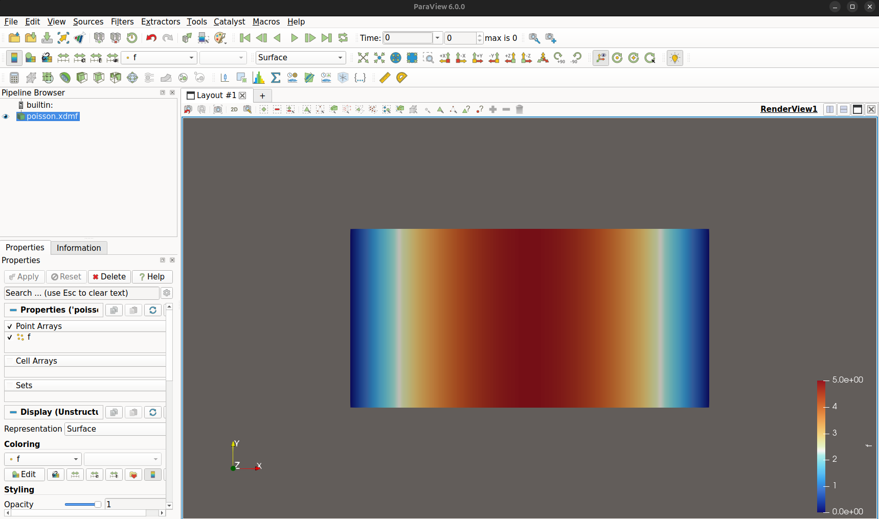 Paraview visualization of the simple problem solution