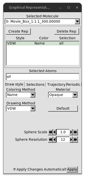 Capture d'écran des paramètres de représentation graphique sur le GUI de VMD